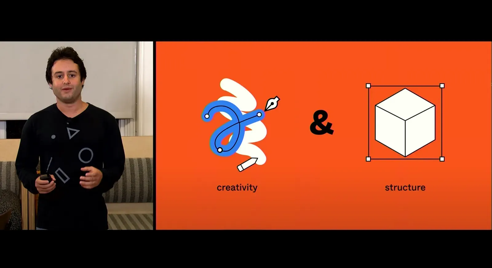 Dylan Field 在 Config Europe 演講,投影片寫著 creativity 與 structure