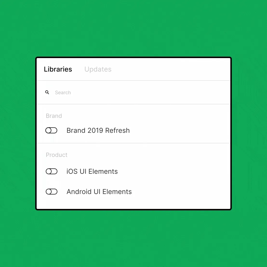 Figma 的 Libraries 面板，開關要啟用的共用元件庫