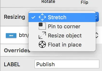 Sketch Resizing 選單：Stretch、Pin to corner、Resize object、Float in place