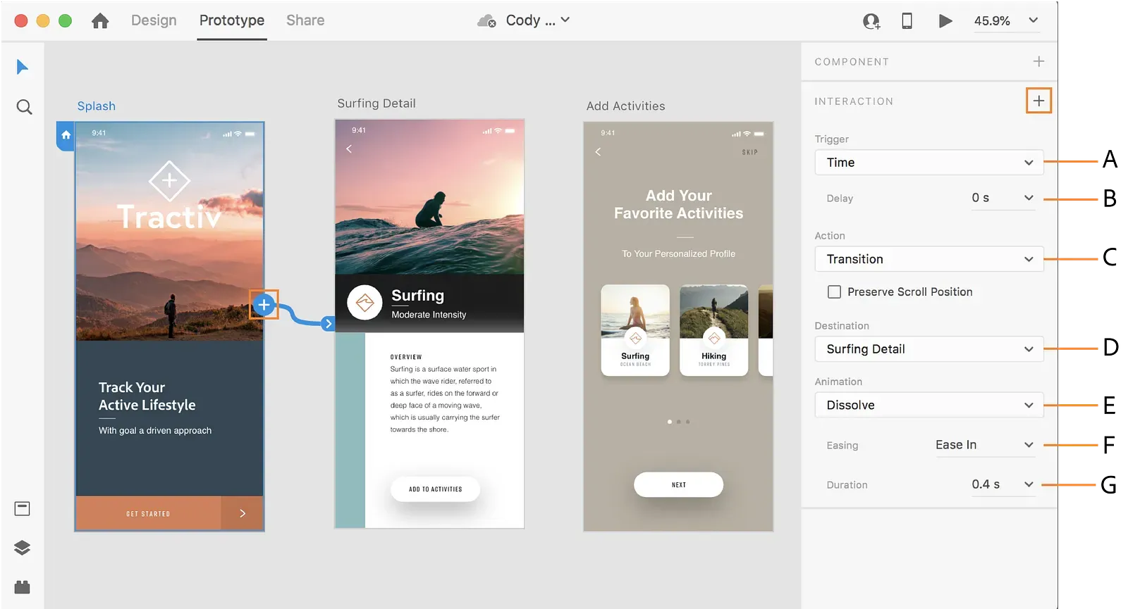 Adobe XD 的 Prototype 模式，設定觸發條件、轉場與動畫時間