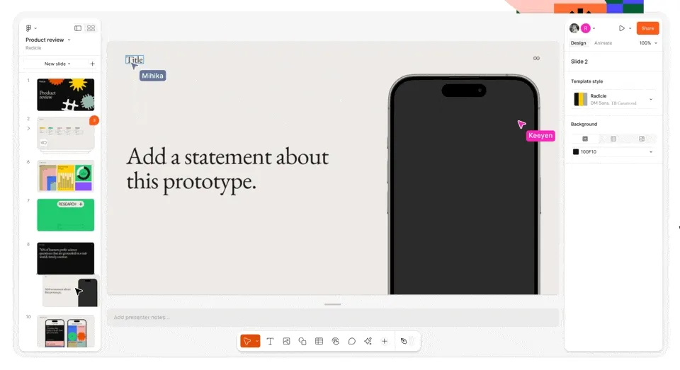 Figma Slides 編輯畫面，左側投影片列表與多人協作游標