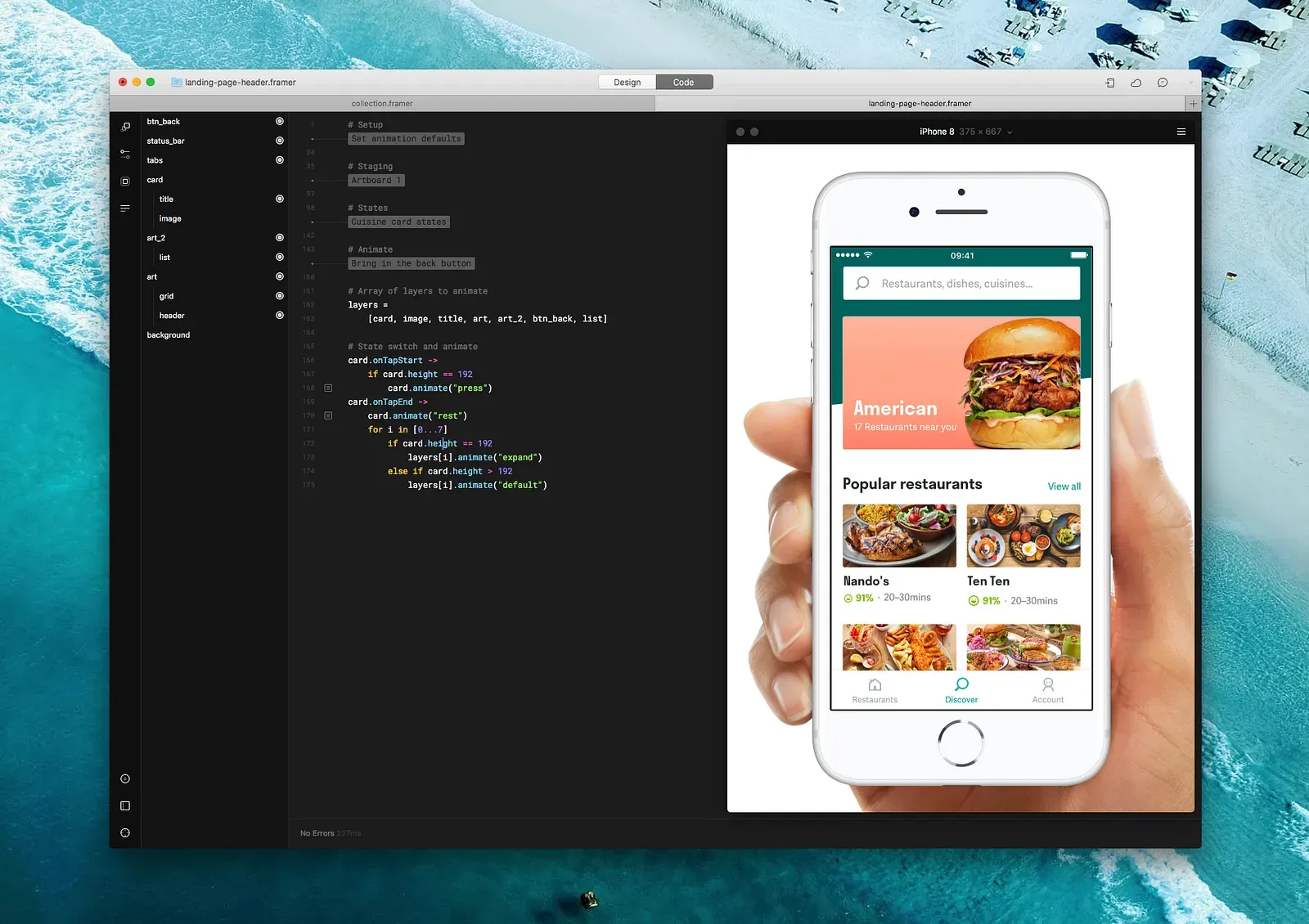 Framer 介面，左邊寫程式碼、右邊預覽餐廳 App 原型