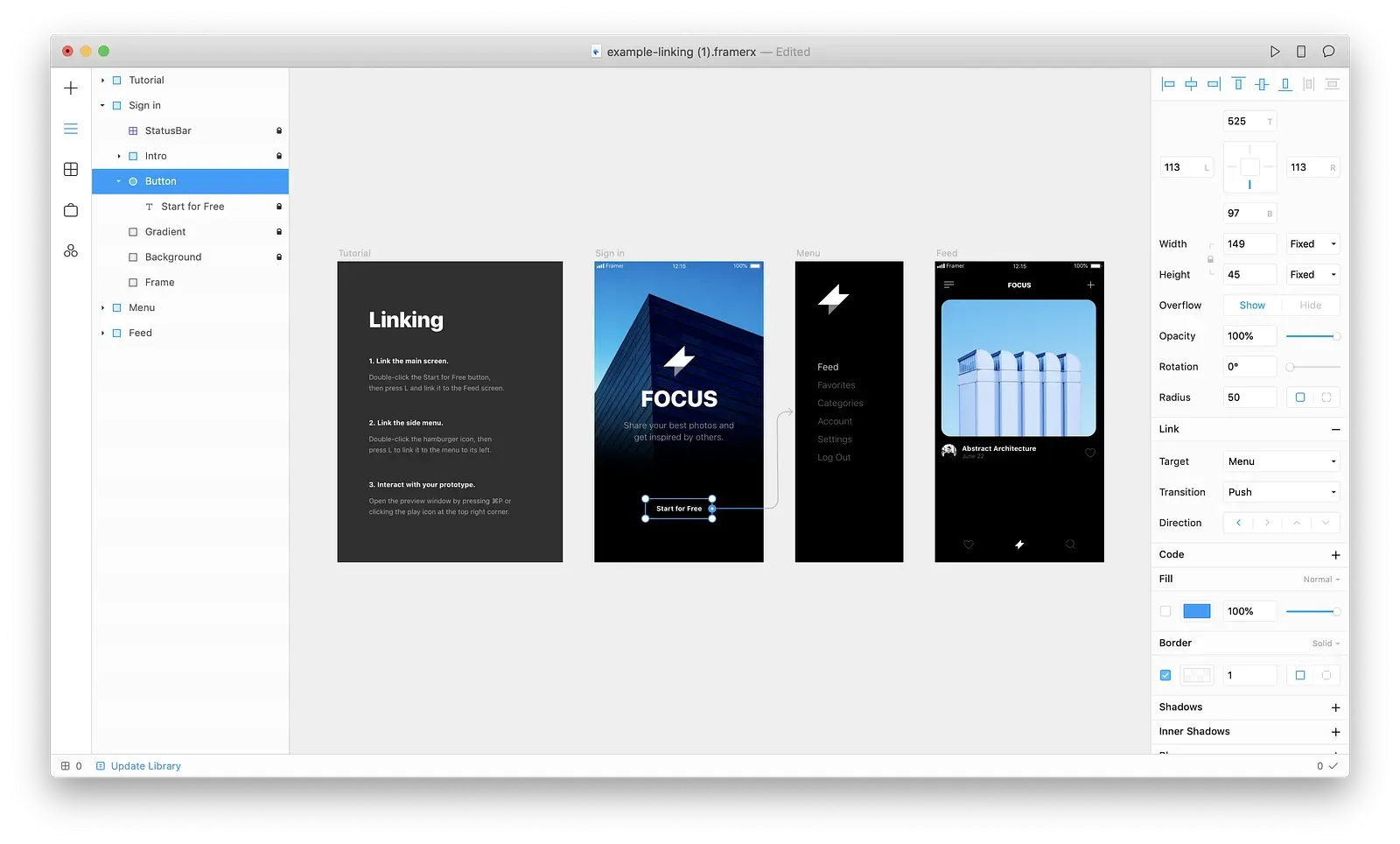 Framer X 介面，把按鈕連結到下一個畫面並設定轉場