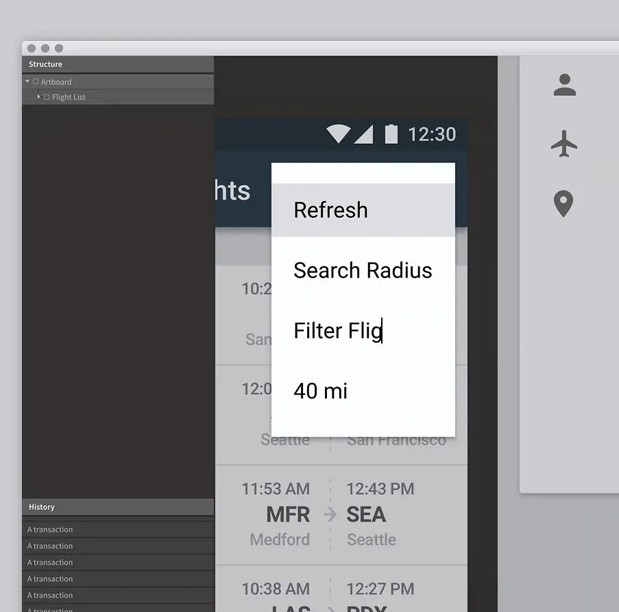 Subform 介面截圖，正在編輯航班 App 的下拉選單