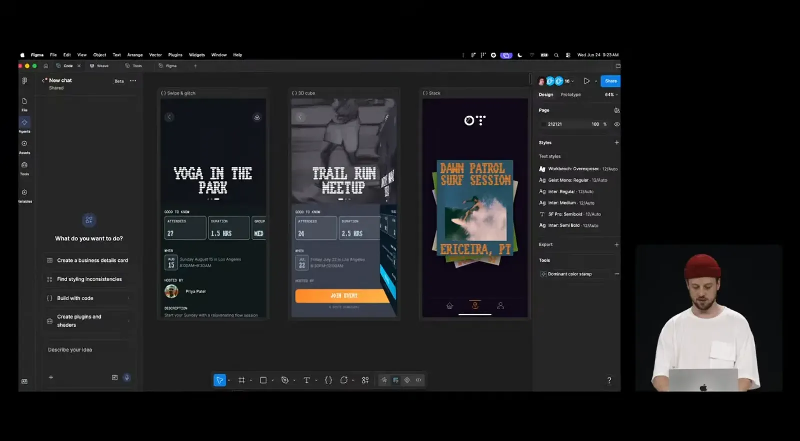 Figma Code Layers 示範：畫布上並排運作的三個 App 程式碼版本