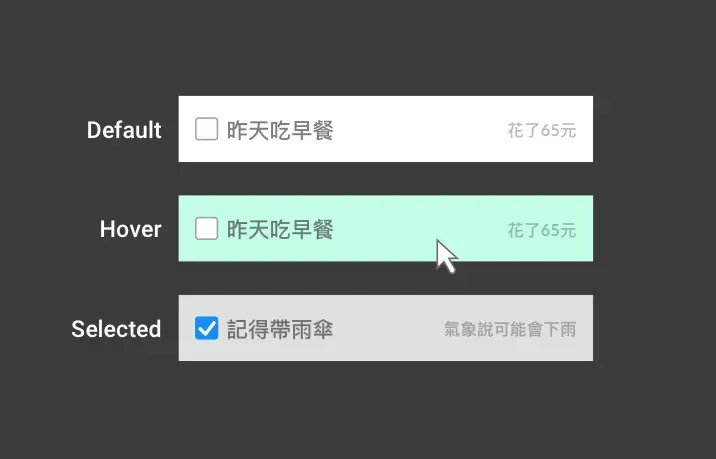 待辦清單項目的三種狀態：Default、Hover、Selected
