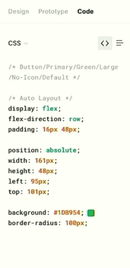 舊版 Code 面板,只列出按鈕的 CSS 屬性