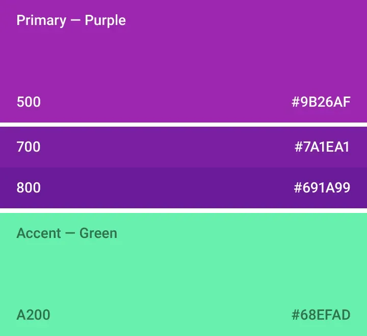 Material Design 色票，以 Primary 500、Accent A200 等等級命名