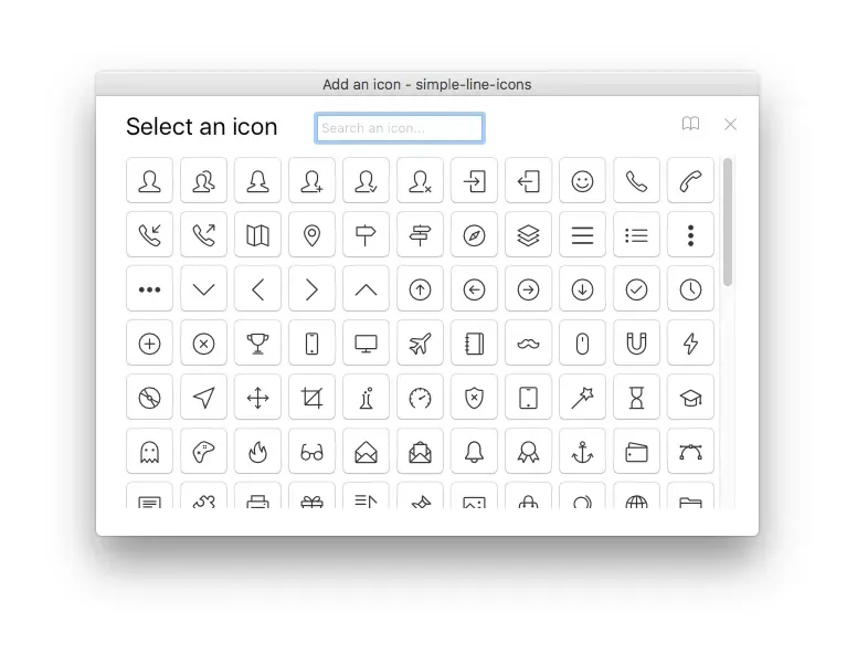 Icon Font 插件的圖示選擇視窗，可搜尋並插入 icon