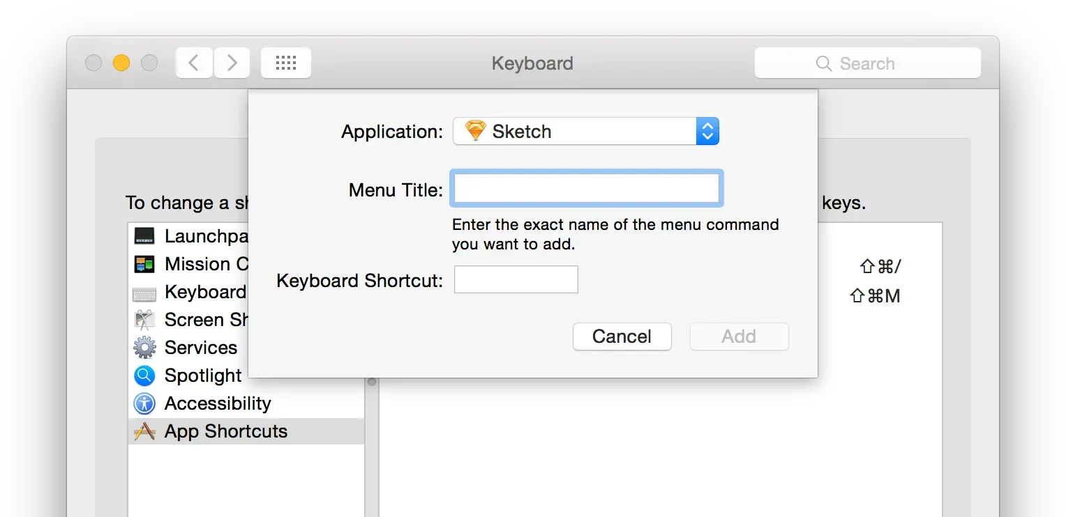 macOS 鍵盤偏好設定中，為 Sketch 新增 App 快速鍵