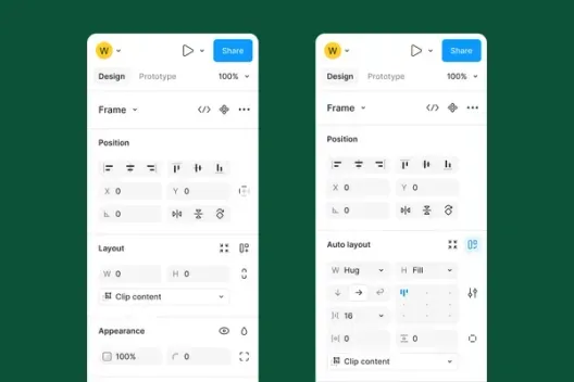 UI3 的屬性面板，對比一般 Frame 與套用 Auto Layout 後的設定