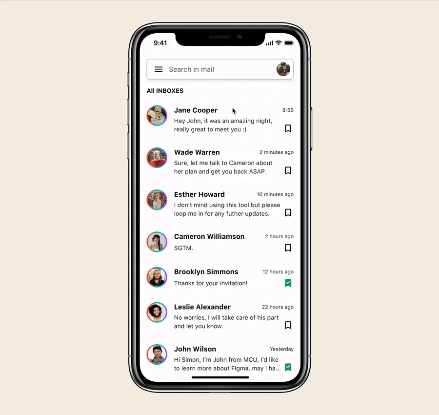 用互動原型示範郵件 App 列表的操作效果