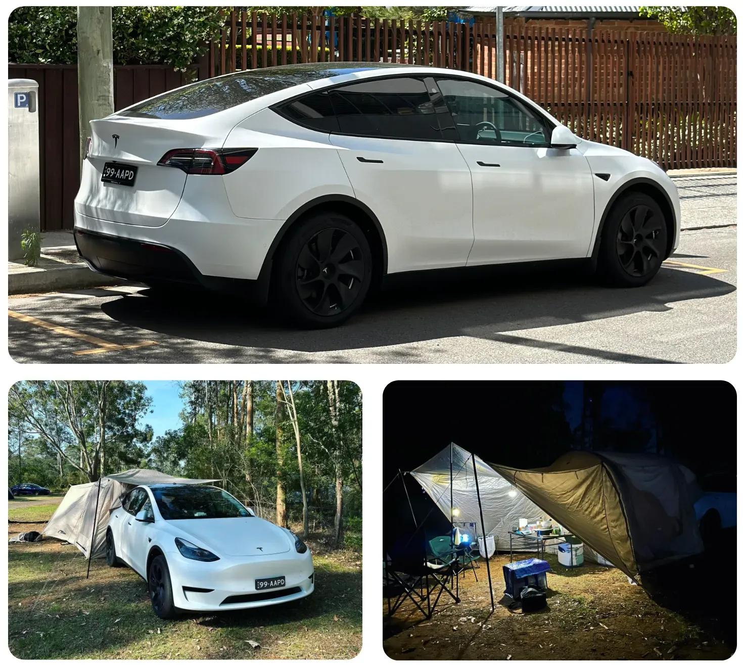 白色特斯拉電動車，以及開車去露營搭起的帳篷