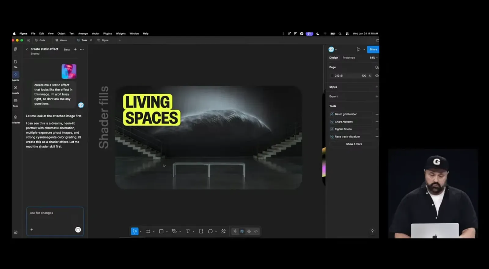 Figma agent 依照參考圖生成 shader 效果，套用在 LIVING SPACES 畫面上