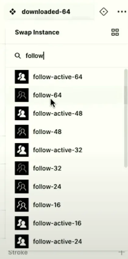 新版 Swap Instance 面板,輸入 follow 搜尋並預覽圖示