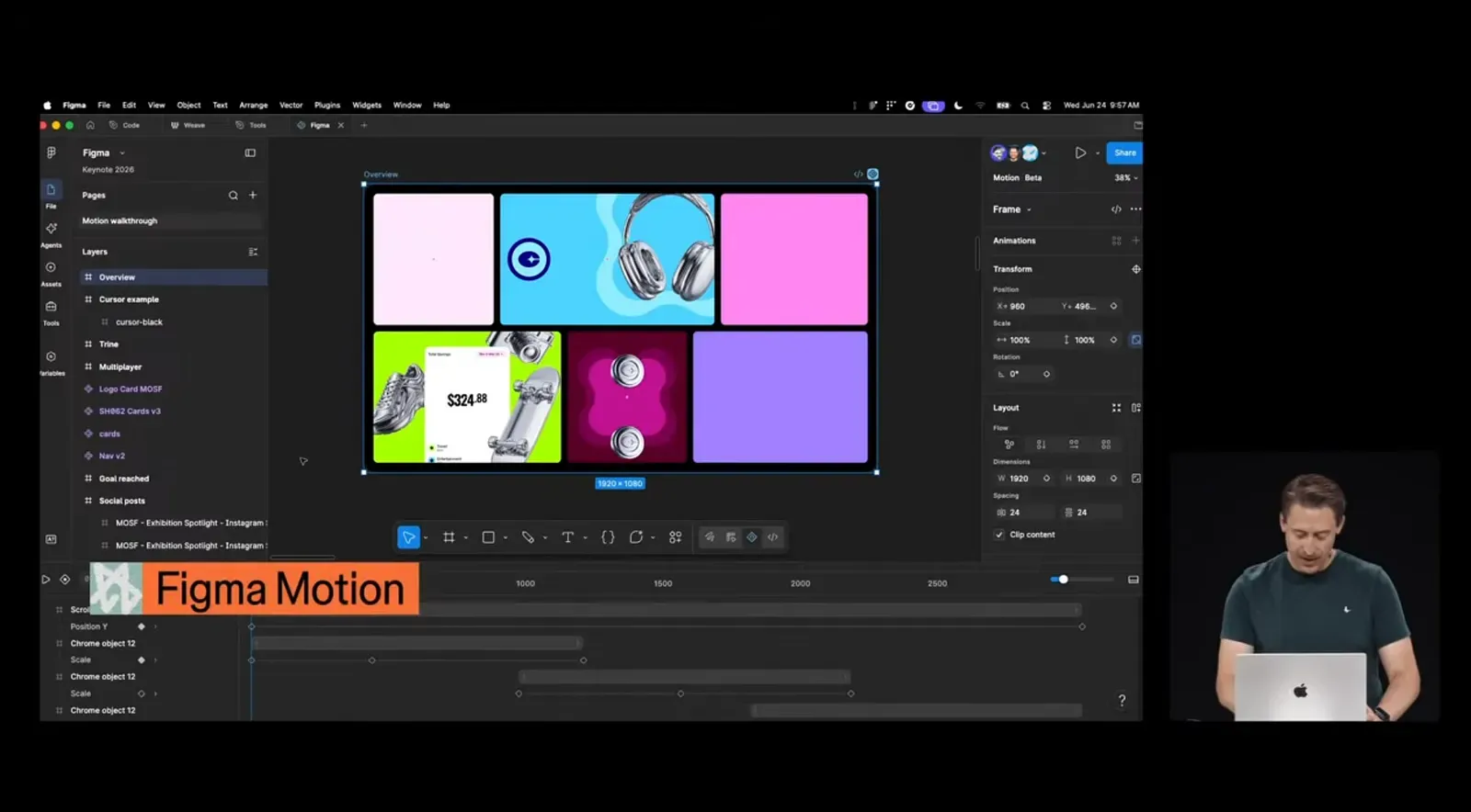 Figma Motion 示範：畫布下方新增時間軸，可設定關鍵影格