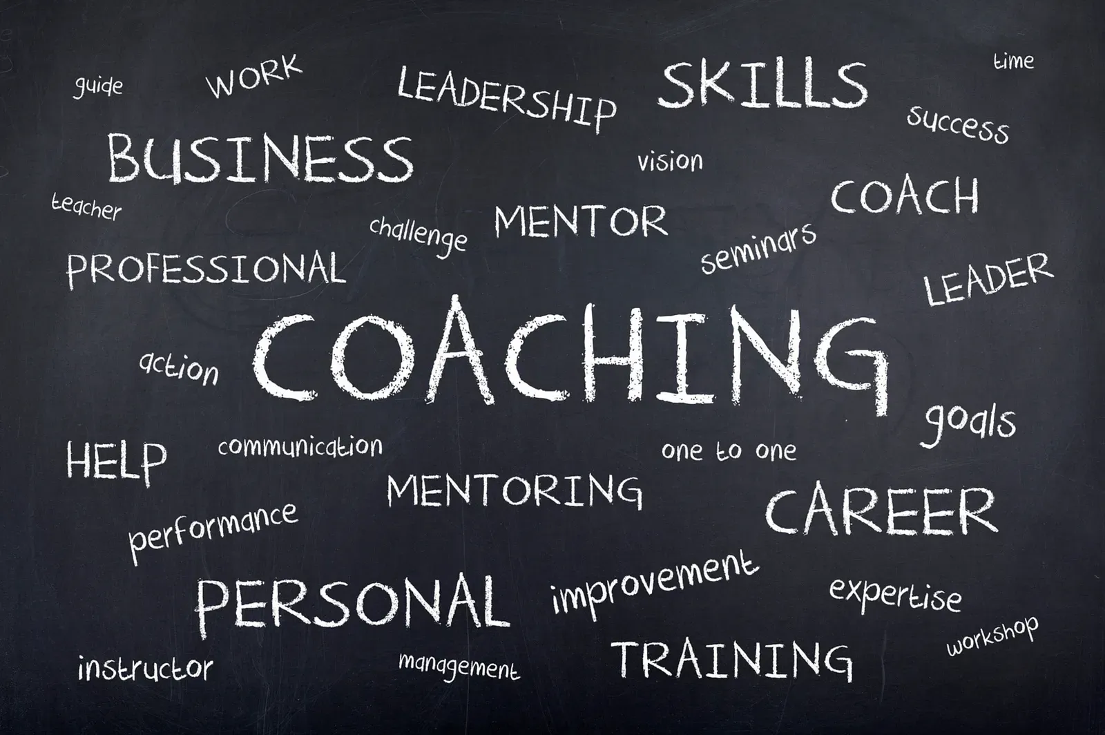 黑板上的粉筆字,以 Coaching 為中心,環繞 Mentor、Leadership、Career 等詞