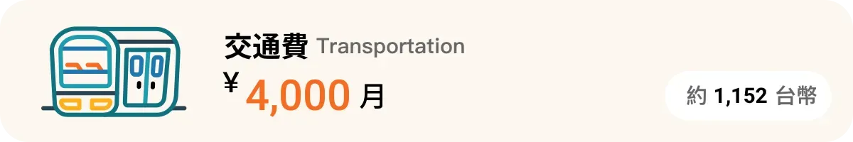 交通費每月約 ￥4,000，約台幣 1,152 元