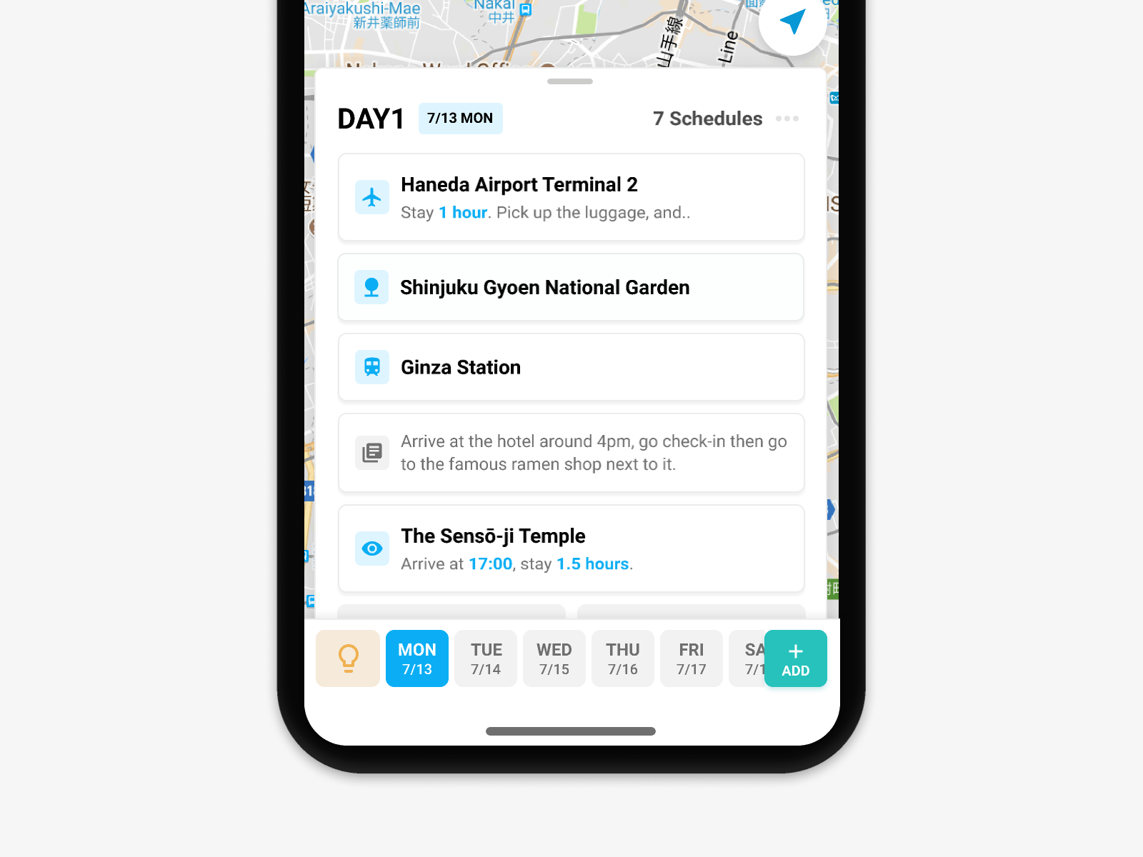 旅遊行程 App 原型動畫，展示拖曳調整行程的互動細節