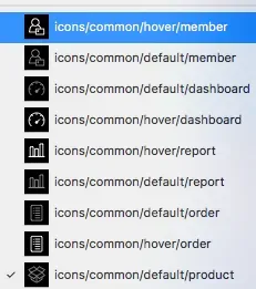 以 icons/common/hover/member 方式語意化命名的 Symbol 清單